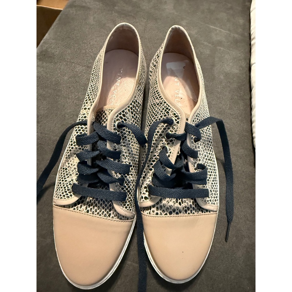 Mint Velvet Snakeskin Embossed Leather Sneakers Made in Spain Beige Navy Size 39